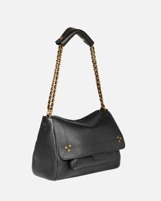 Black handbag with gold chain strap on a white background