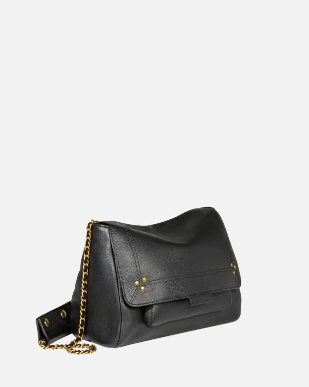 Black handbag with gold chain on a white background