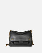 Black leather handbag with gold chain strap on a white background
