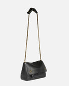 Black handbag with a chain strap on a white background