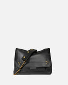 Black handbag with gold chain on a white background