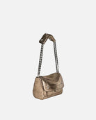 Gold handbag with chain strap on a white background