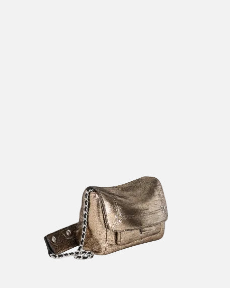 Metallic handbag with a chain detail on a white background