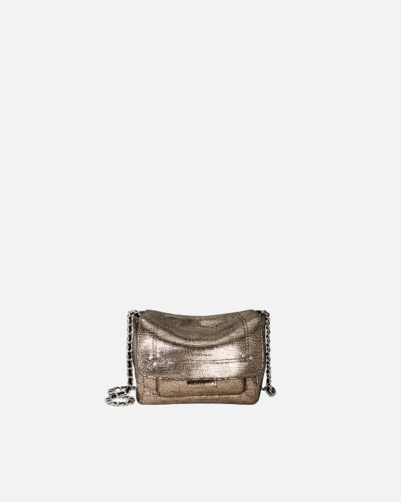 Metallic handbag with chain detail on a white background