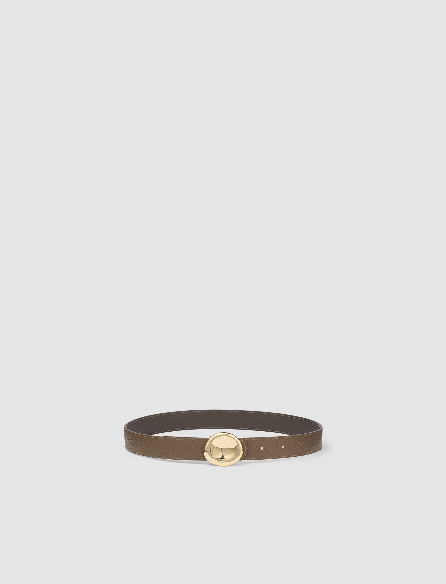 Brown belt with a gold buckle on a light gray background