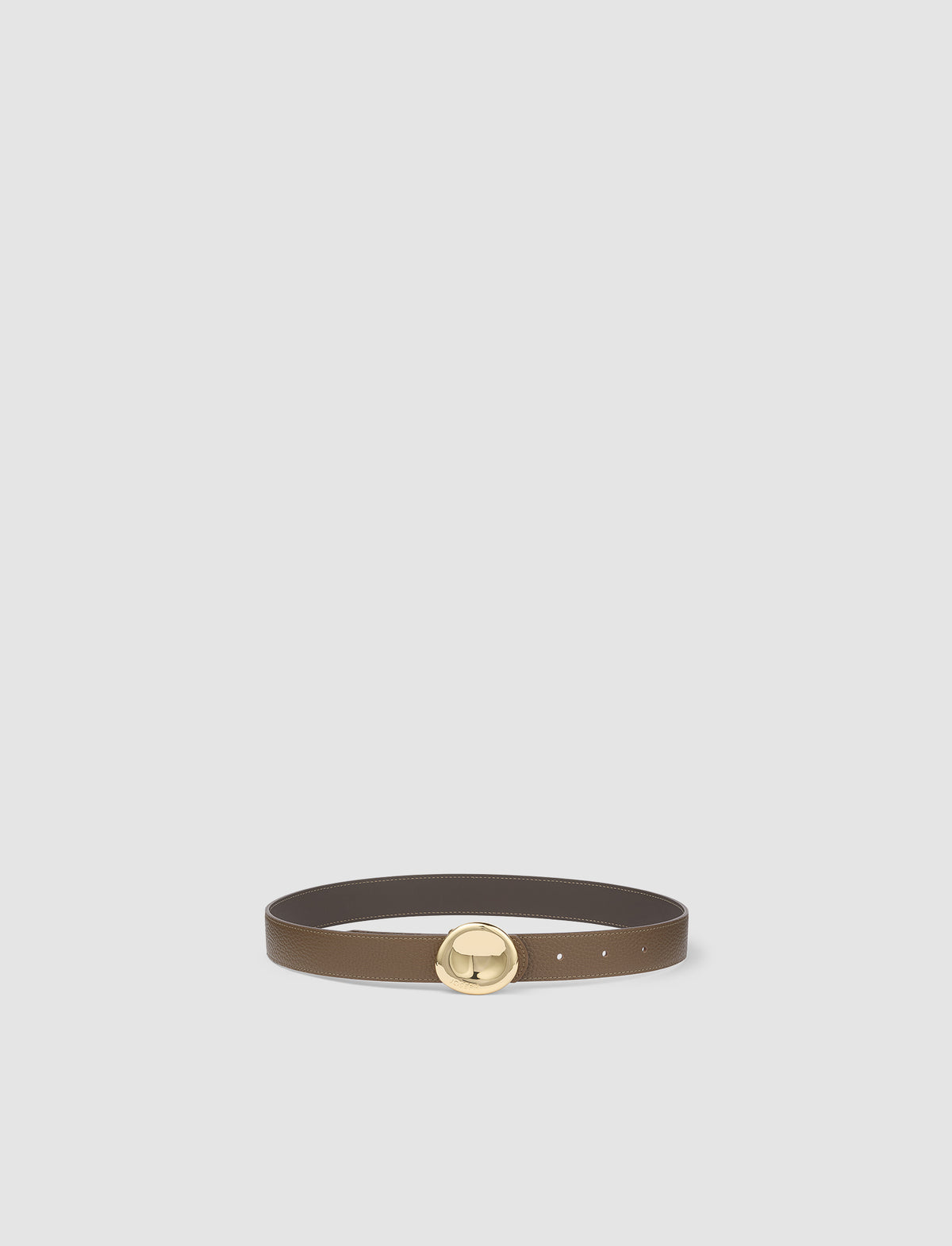 Brown belt with a gold buckle on a light gray background