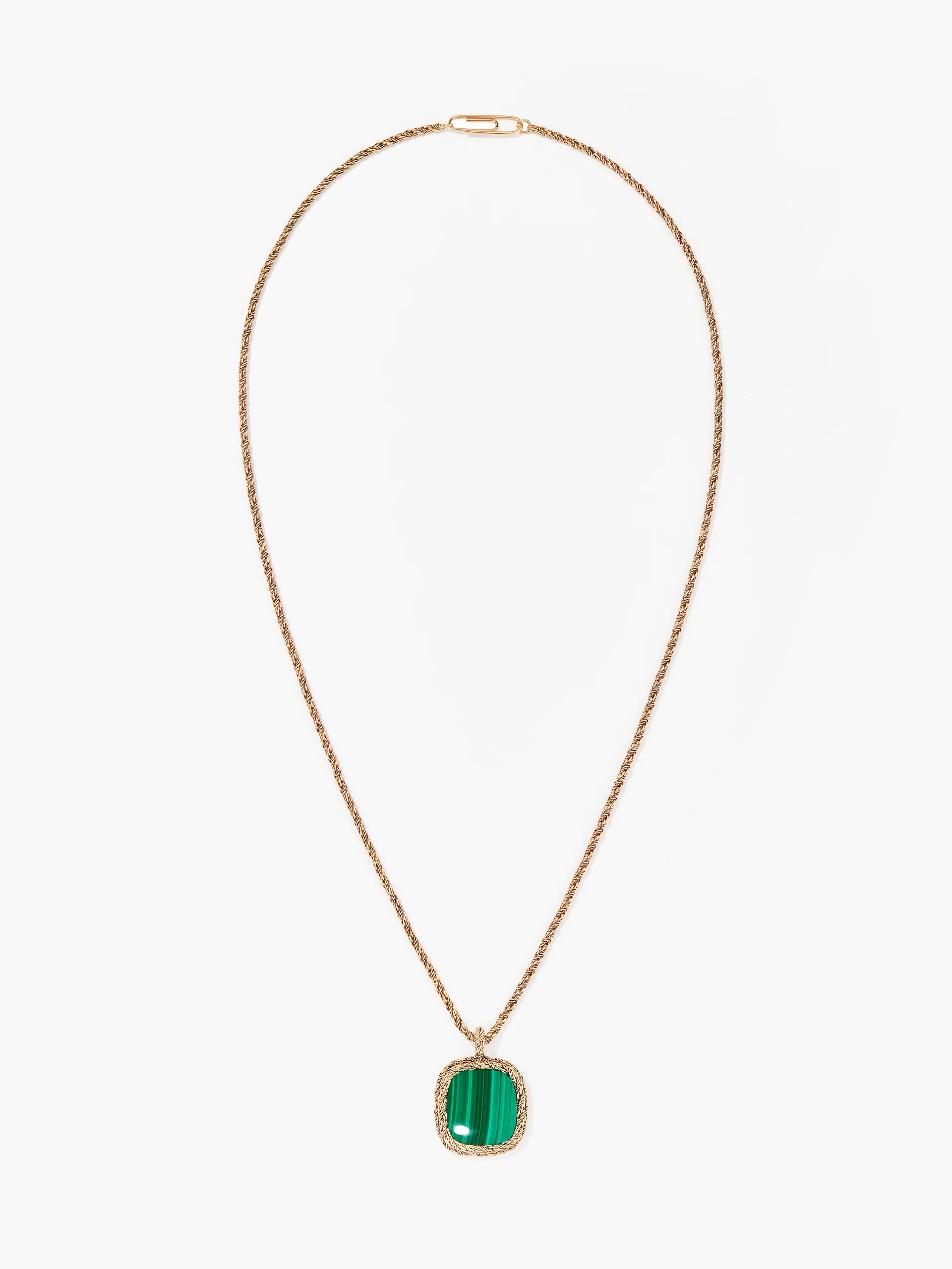 Long gold necklace with malachite pendant