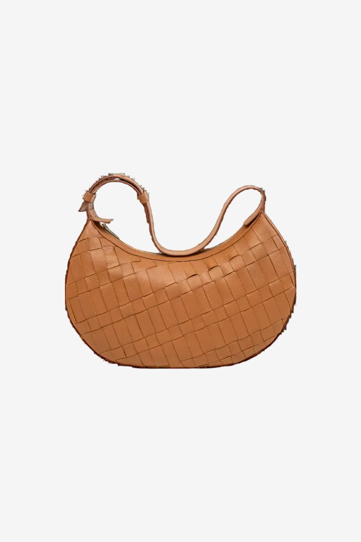 Brown woven handbag on a white background