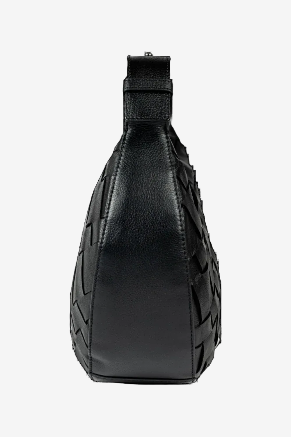 Black leather sling bag on a white background