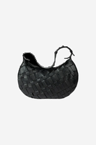 Black woven handbag on a white background