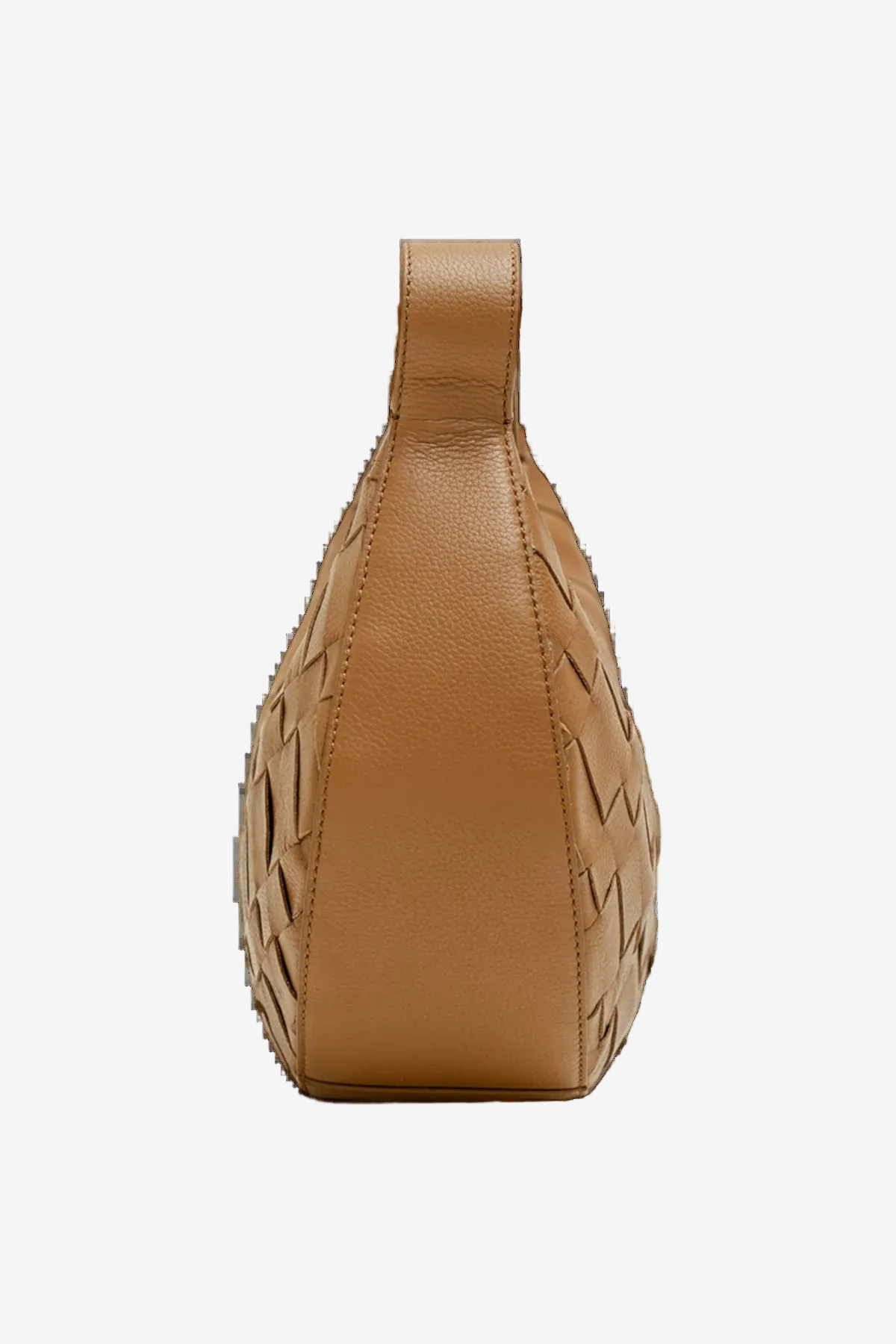 Tan leather sling bag with woven pattern on a white background