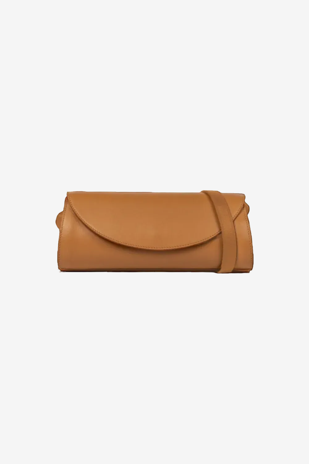 Tan clutch bag on a white background