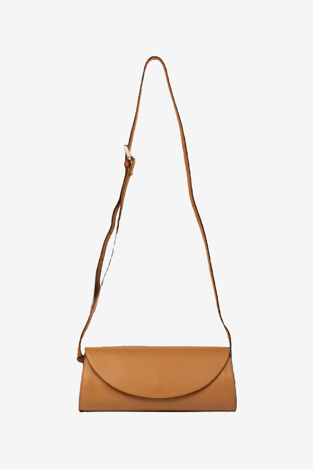Tan leather handbag with a strap on a white background