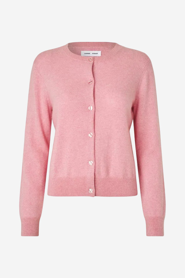 Pink cardigan with button details on a white background