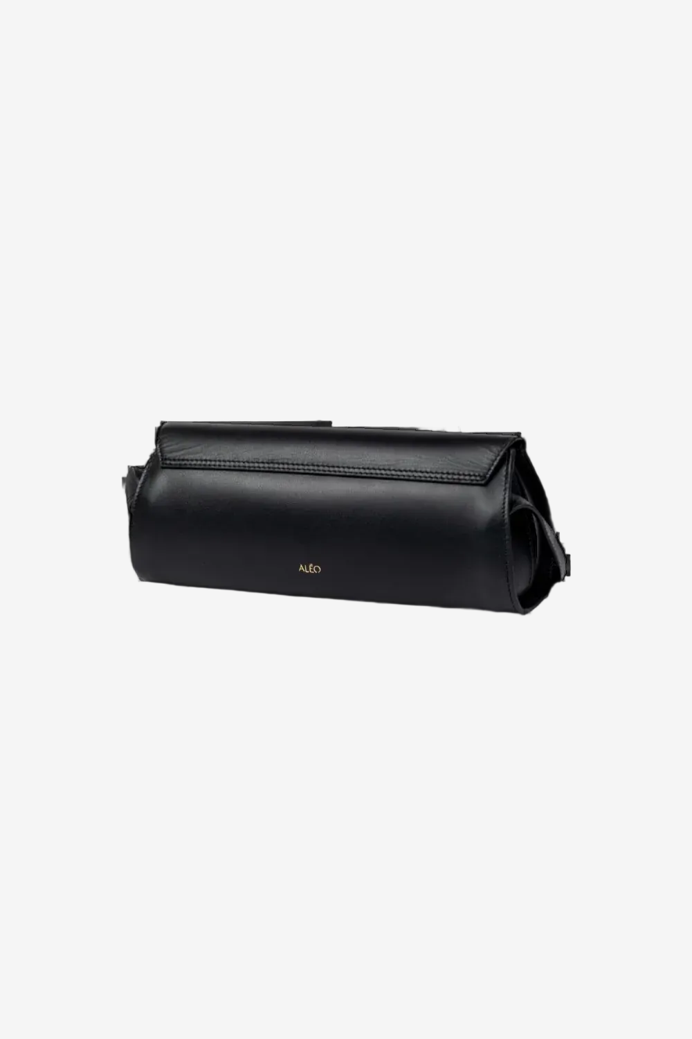 Black leather clutch bag on a white background