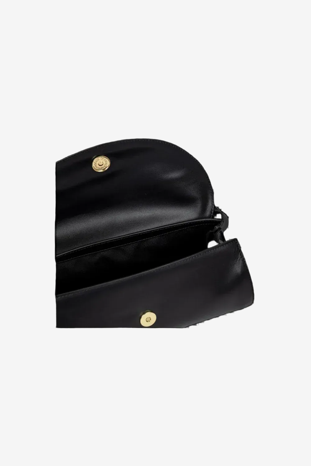 Black handbag with gold buttons on a white background