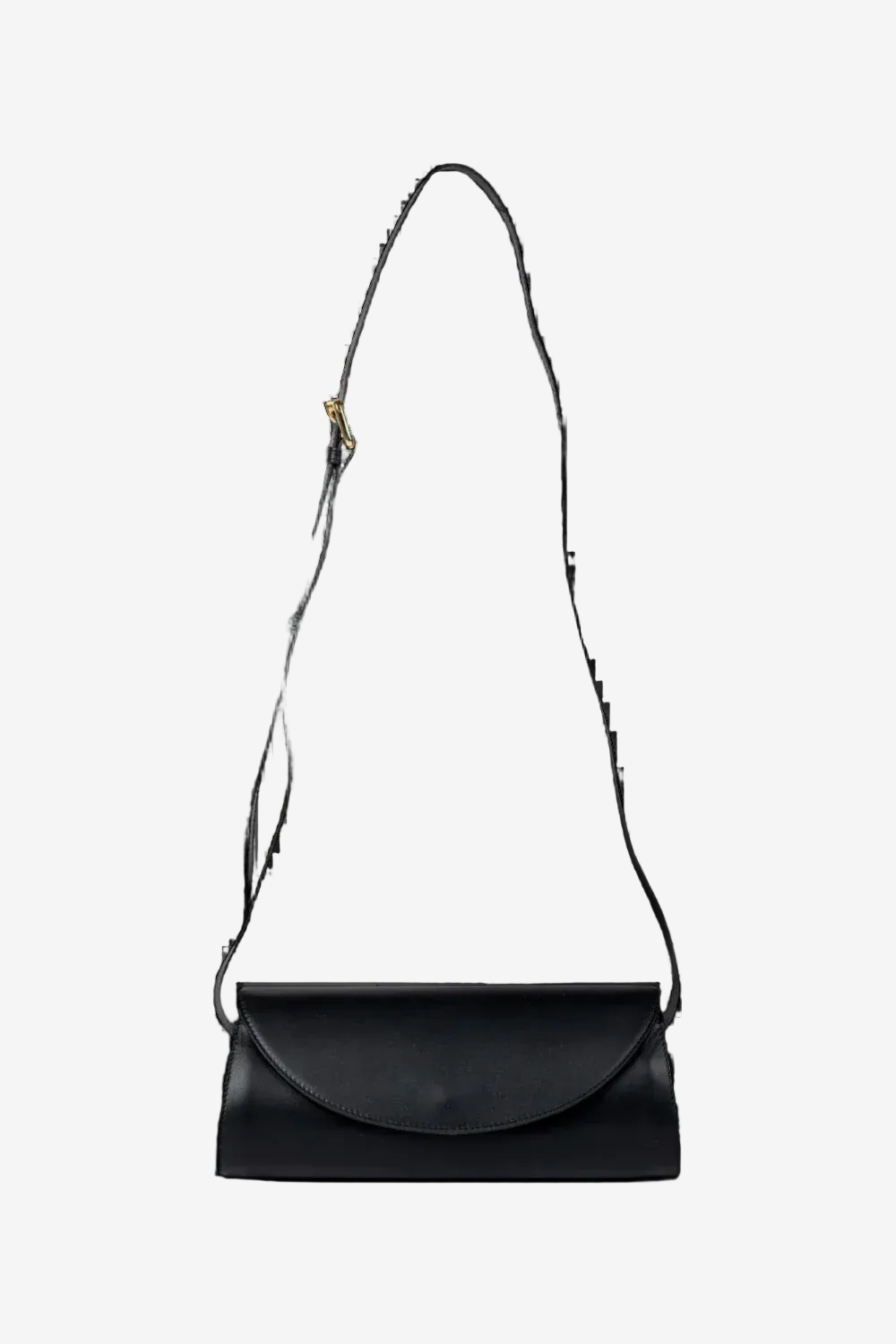 Black leather handbag with a strap on a white background