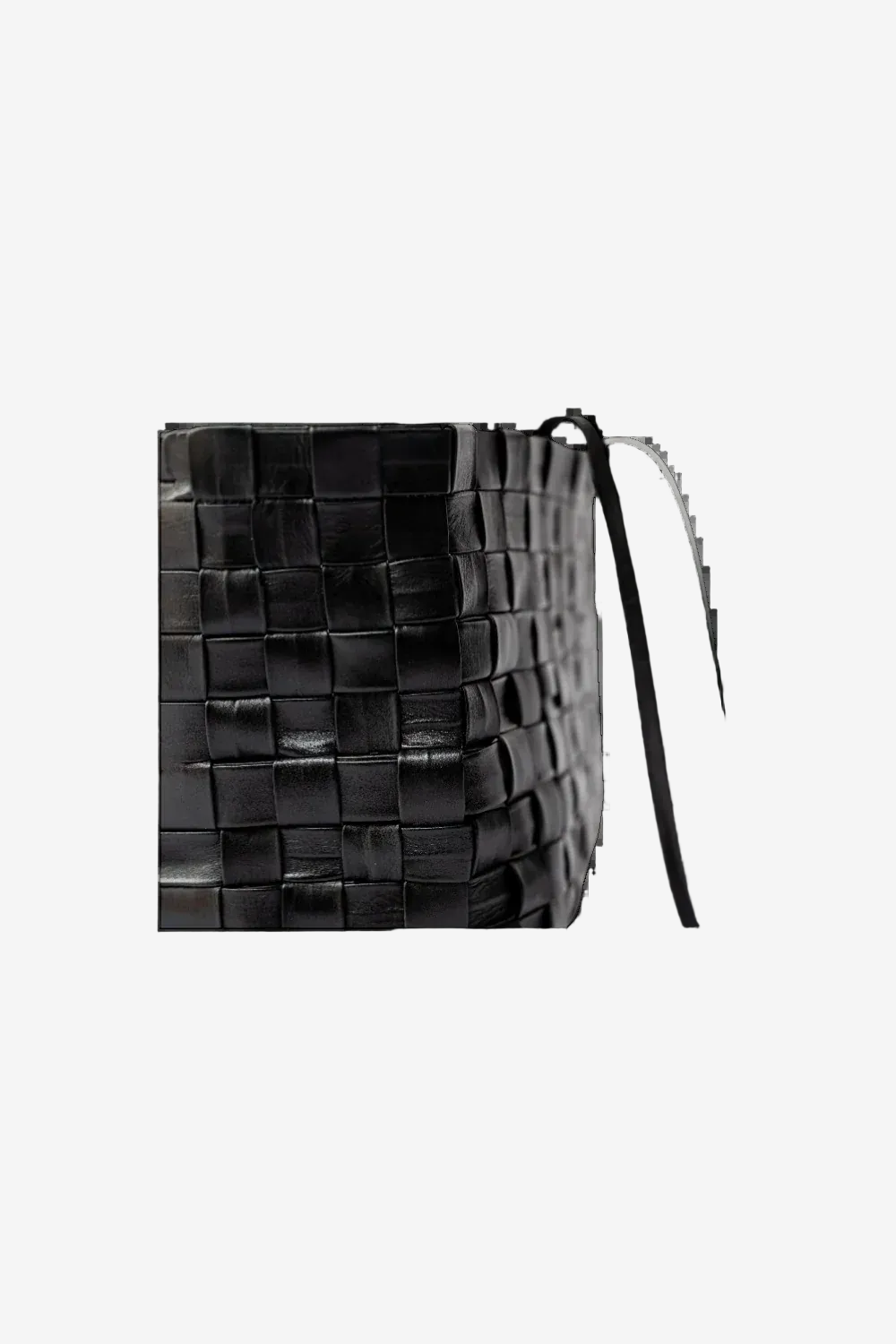 Black woven bucket bag with a strap on a white background