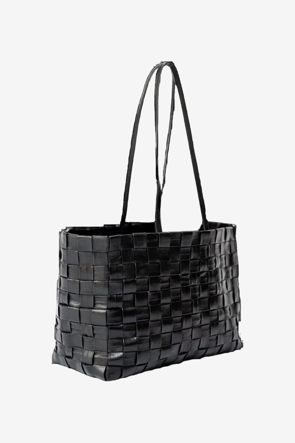 Black woven handbag on a white background