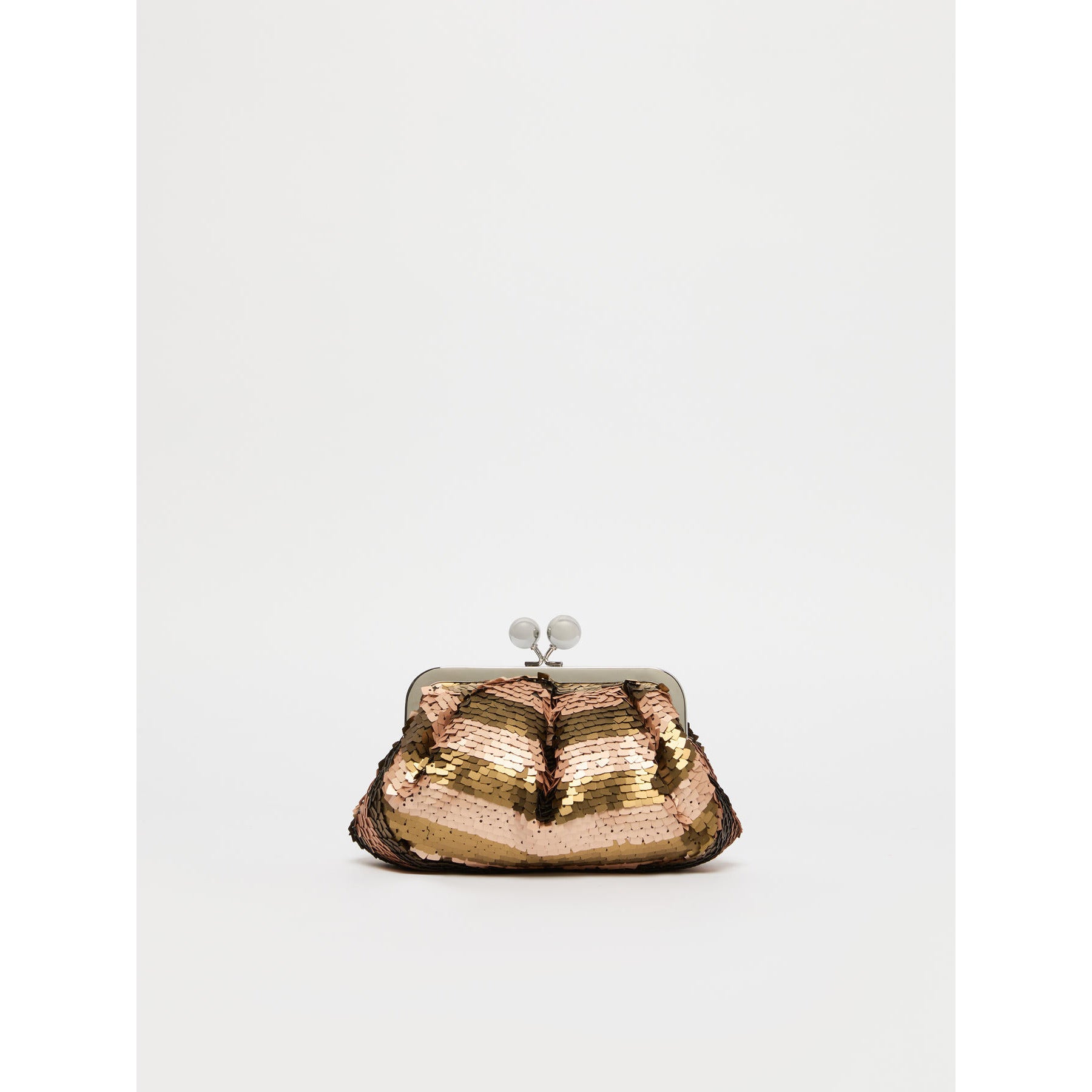 Gold metallic clutch bag on a white background
