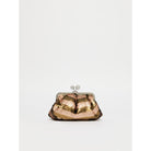 Gold metallic clutch bag on a white background