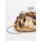 Gold and rose gold sequin clutch bag with a chain strap on a white background