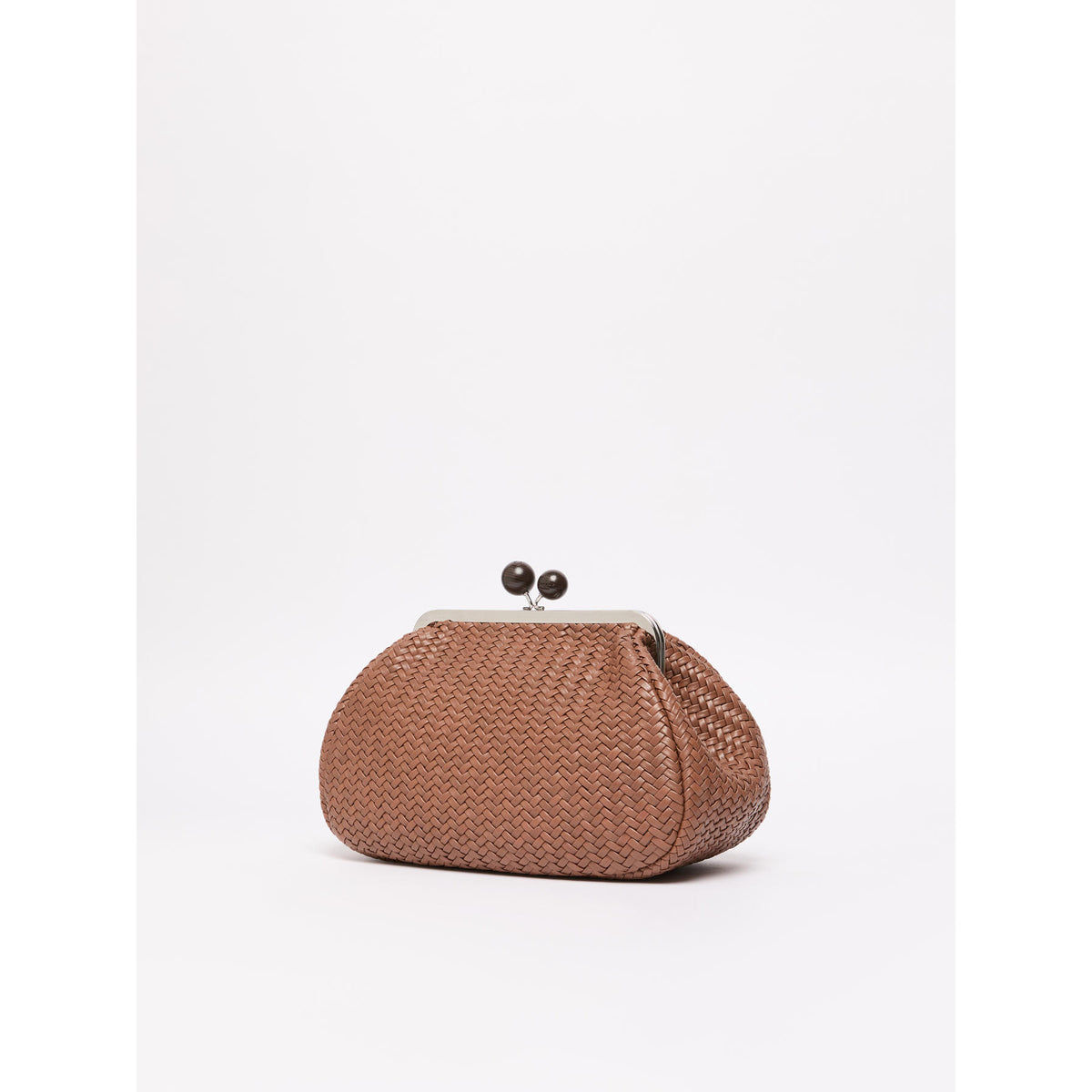 Brown woven handbag with a metallic clasp on a white background