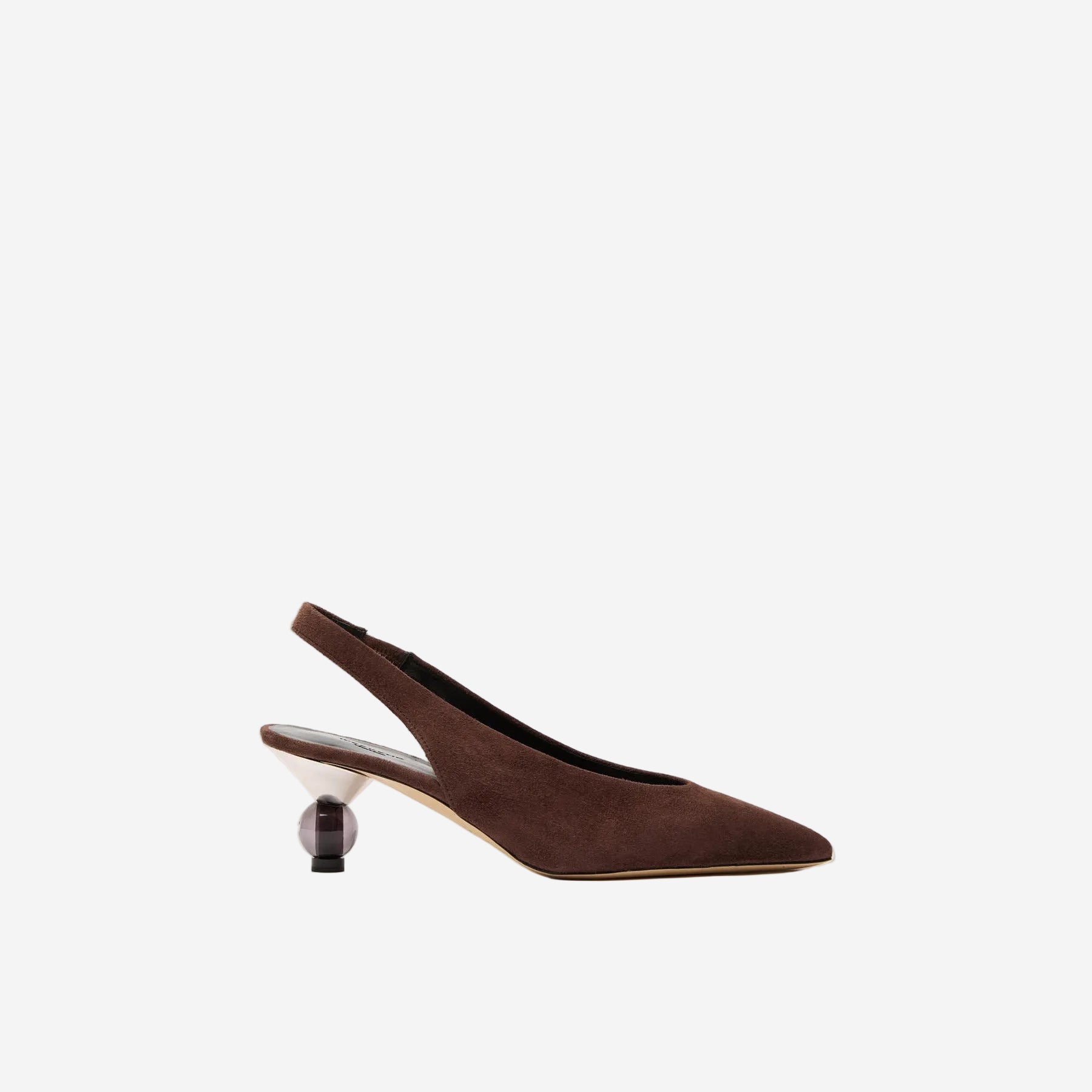 Brown suede slingback shoe on a white background