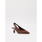 Brown suede slingback shoe on a white background