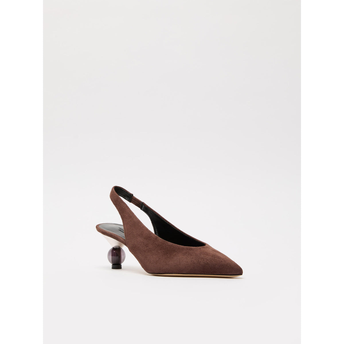 Brown suede slingback shoe on a white background
