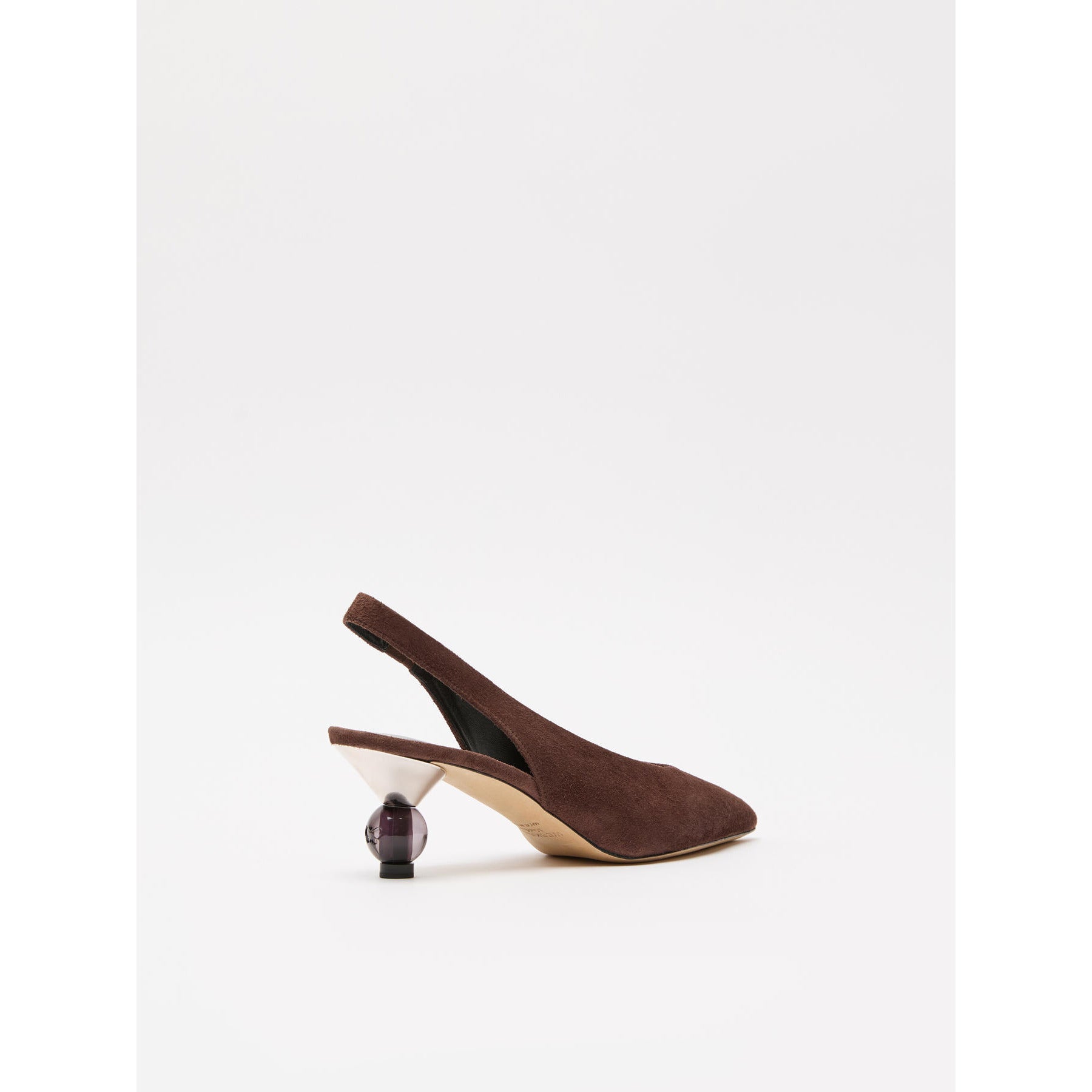 Brown suede slingback shoe with a small heel on a white background