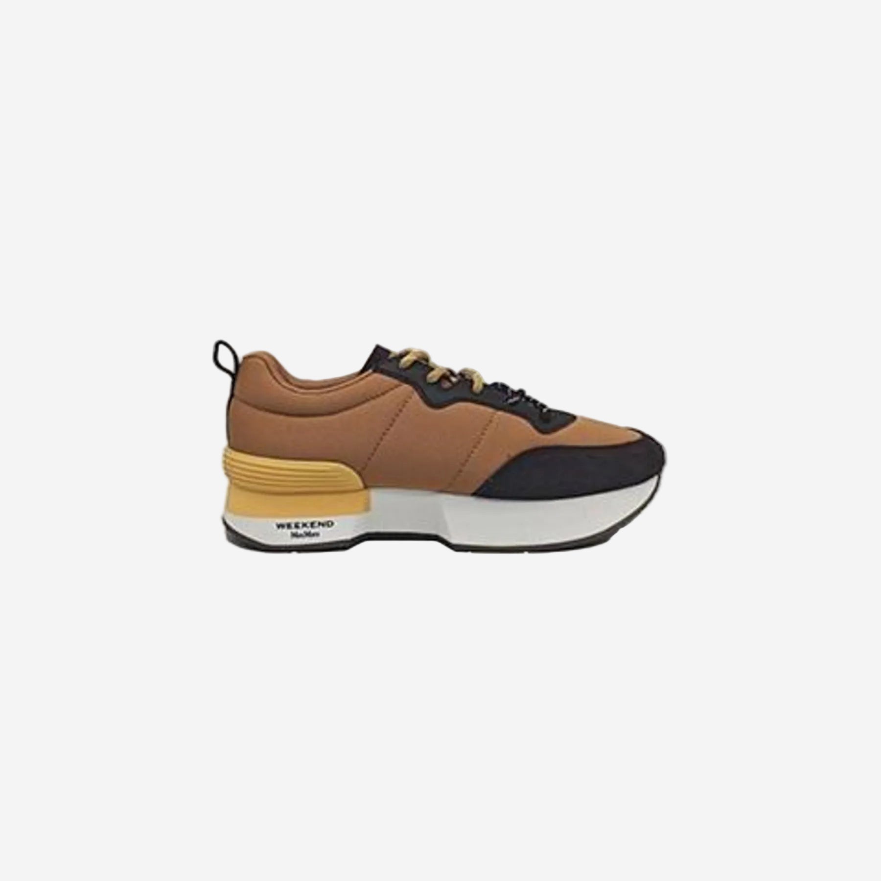 Brown and yellow sneaker with 'Weekend' branding on a white background