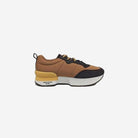 Brown and yellow sneaker with 'Weekend' branding on a white background