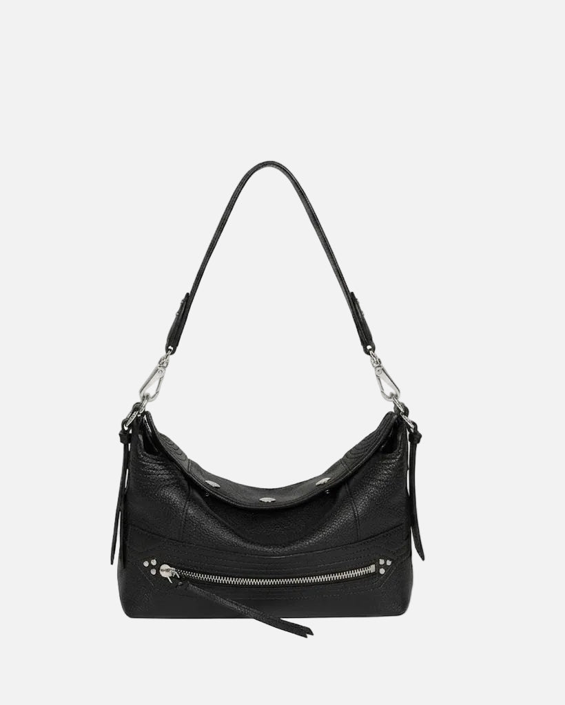 Black handbag with silver zippers on a white background