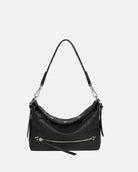 Black handbag with silver zippers on a white background