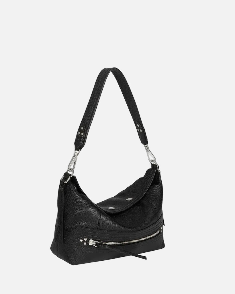 Black handbag with a shoulder strap on a white background