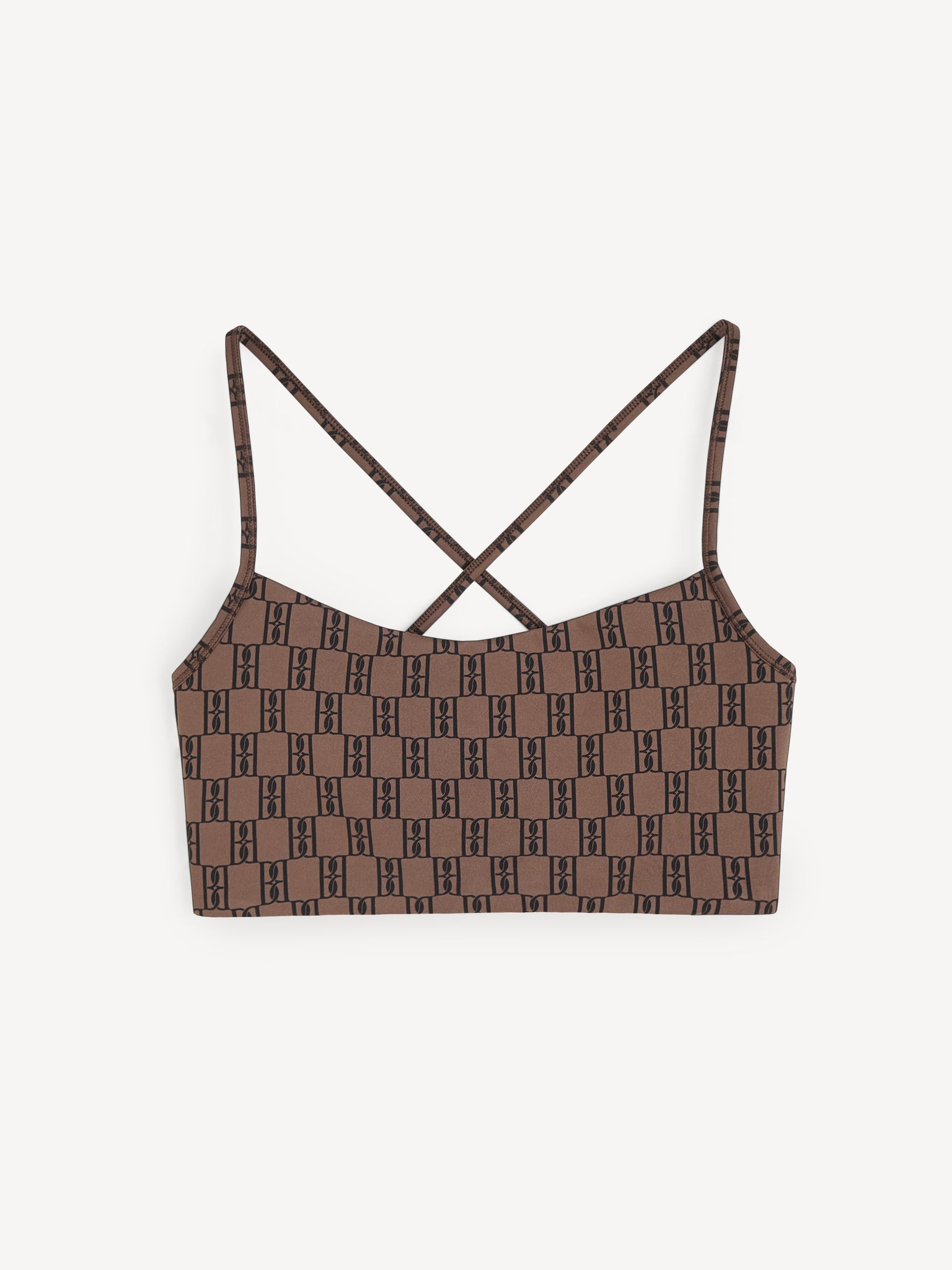 Brown patterned crop top with thin straps on a white background