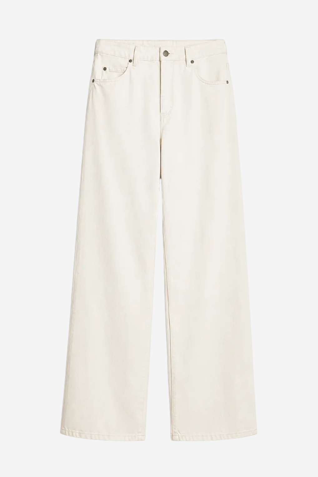 A pair of off-white wide-leg jeans with a straight-to-slightly-flared leg, featuring classic five-pocket styling and a button closure, shown against a plain white background.
