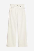 A pair of off-white wide-leg jeans with a straight-to-slightly-flared leg, featuring classic five-pocket styling and a button closure, shown against a plain white background.
