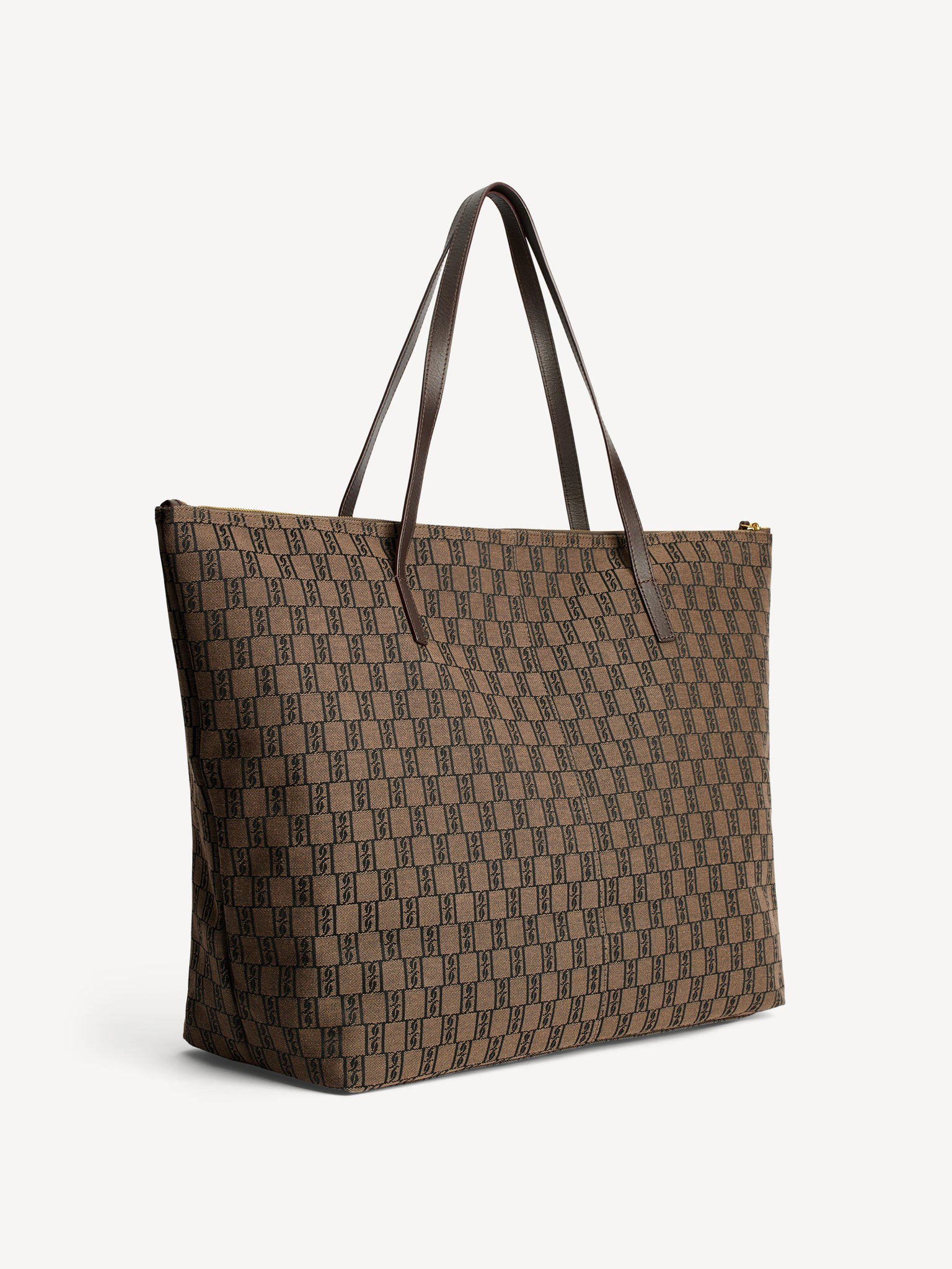 Brown patterned tote bag on a light gray background