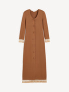Brown long cardigan with decorative trim on a white background