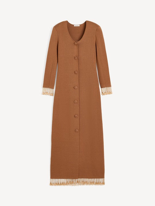 Brown long cardigan with decorative trim on a white background